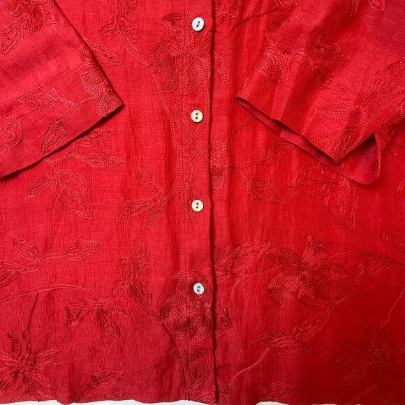 Vintage Chico’s Design Red Linen Silk Blend Floral Embroidered Shirt Size 1 - Picture 12 of 16